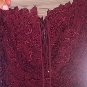 Off the shoulder tie front zip back lace dress.